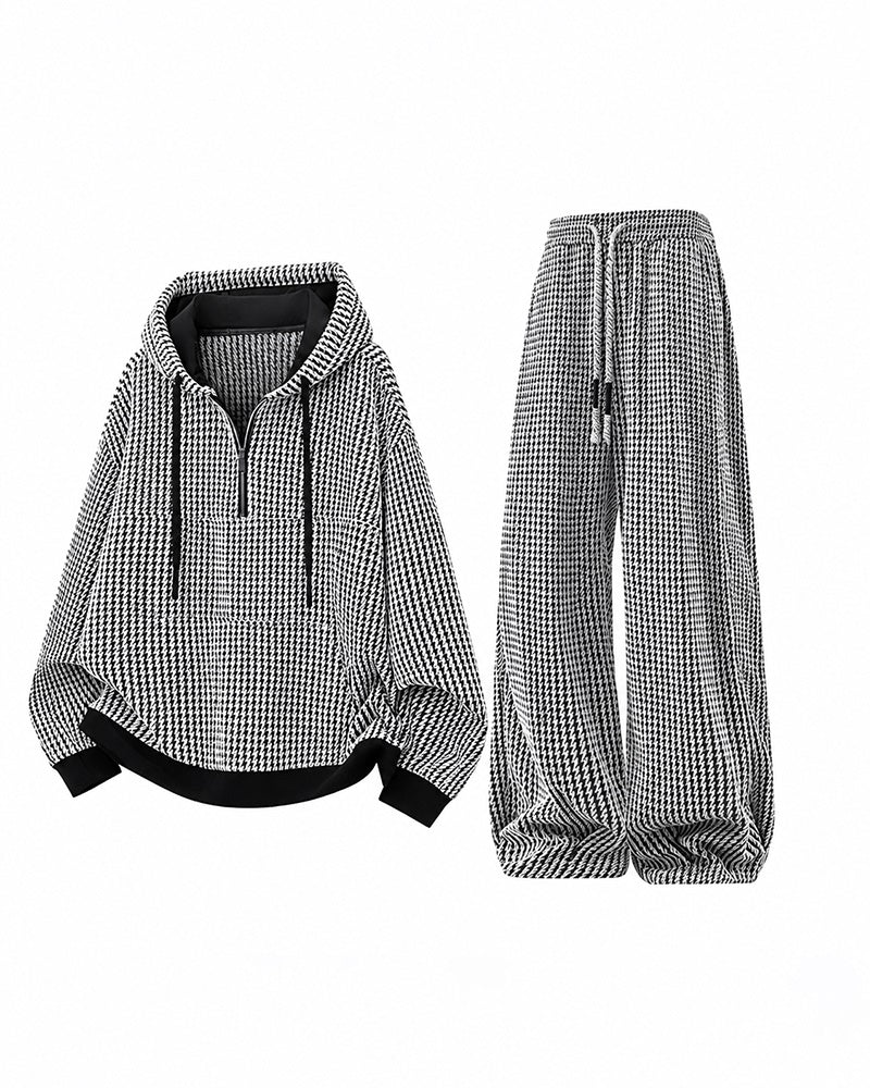 M–8XL Plus‑Size Men’s Houndstooth Half‑Zipped Hoodie Set