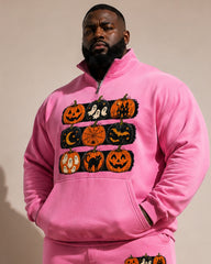 Big & Tall Men's Pink Pumpkin Ghost Print Half Zip Sweat Set