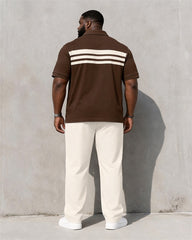 Big & Tall Men's Brown Side Stripe Print Polo Short Sleeve Pants Set