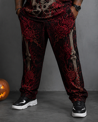 Big & Tall Men's Red Rose Skull Skeleton Vintage Printed T-Shirt Pants Set