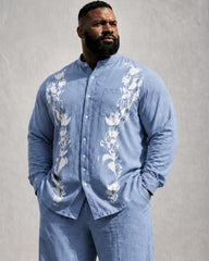 Big & Tall Men's Floral Print Stand Collar Long Sleeve Shirt Trousers Set
