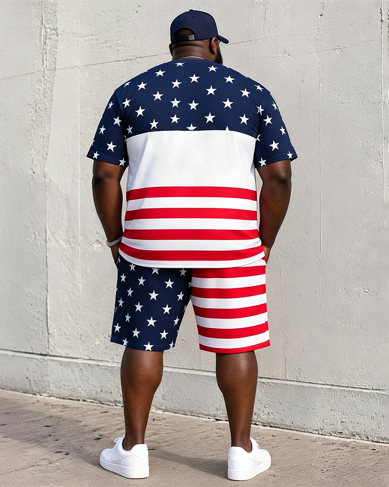 Big & Tall Men's USA Letter Stars And Stripes Patchwork Printed Round Neck Short Sleeve T-Shirt Shorts Set