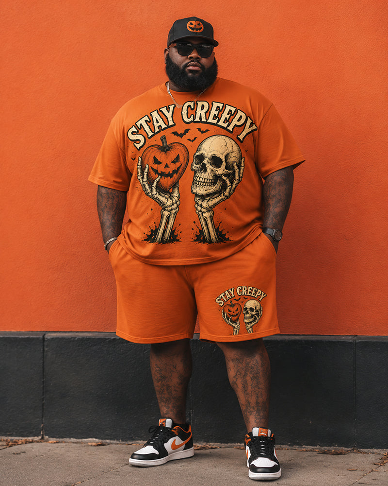 Big & Tall Men's STAY CREEPY Skull Pumpkin Vintage Printed Crewneck Short Sleeve T-Shirt Shorts Set