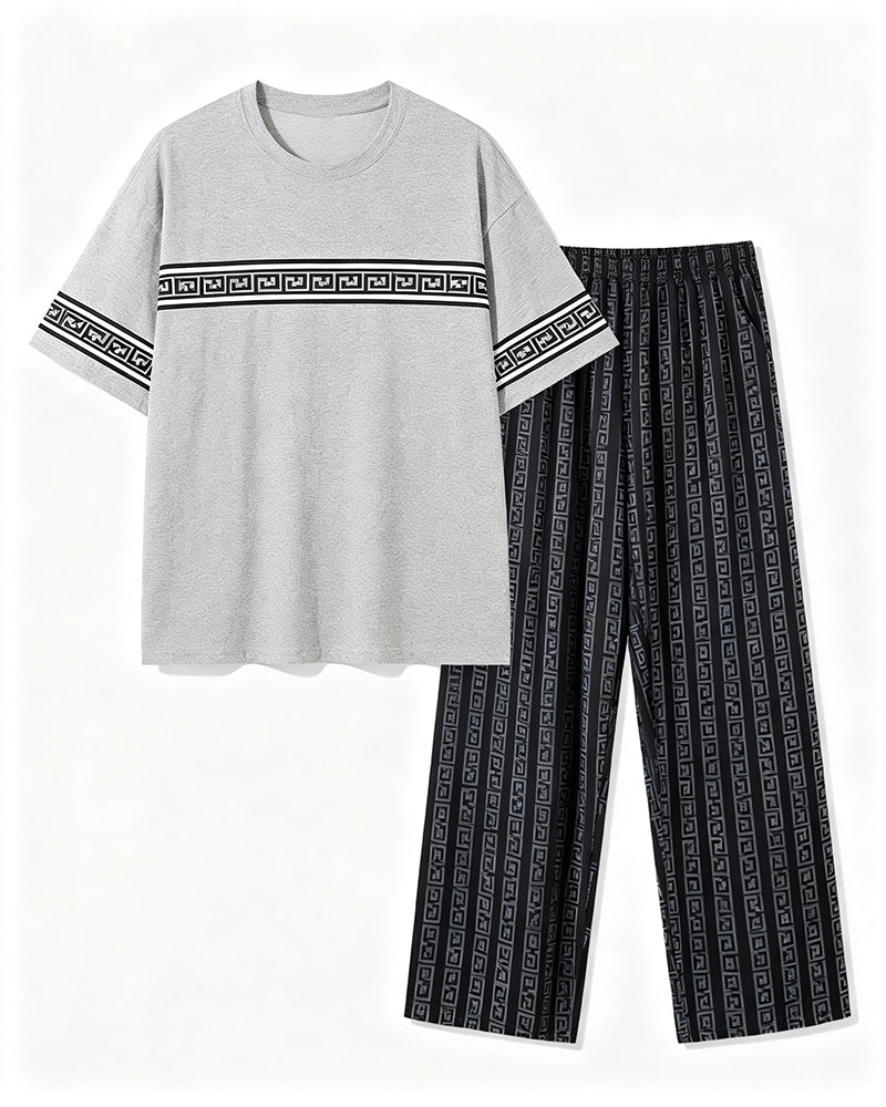 Big & Tall Men's Grey Patchwork Printed T-Shirt Pants Set