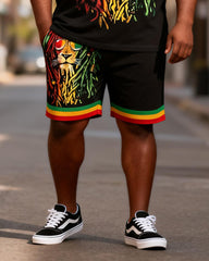 Big & Tall Men's Reggae Color Dirty Braid Lion King Printed Crewneck Short Sleeve T-Shirt Shorts Set