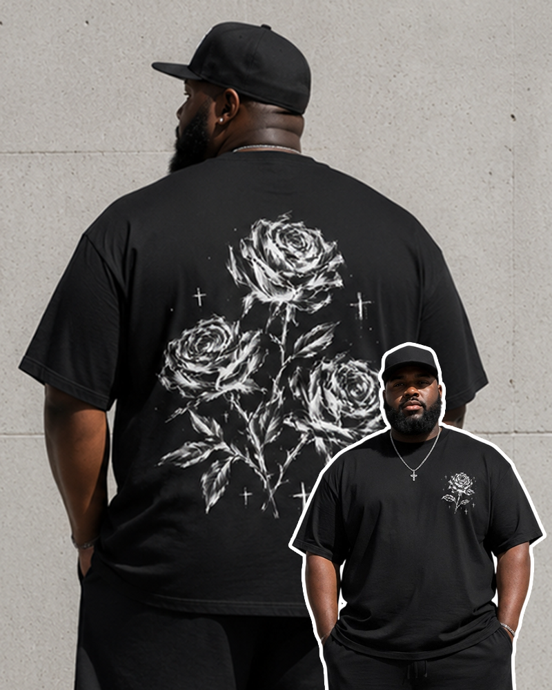 Big & Tall Men's Black And White Sketch Rose Cross Front And Back Printed Round Neck Short Sleeve T-Shirt Shorts Set
