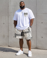 Big & Tall Men's Paisley Pocket Patchwork Printed Round Neck Short Sleeve T-Shirt Shorts Set