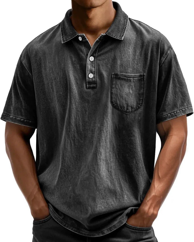 S-5XL Washed Cotton Casual All-Match Short-Sleeve Button-down Polo Shirt With Lapel Collar