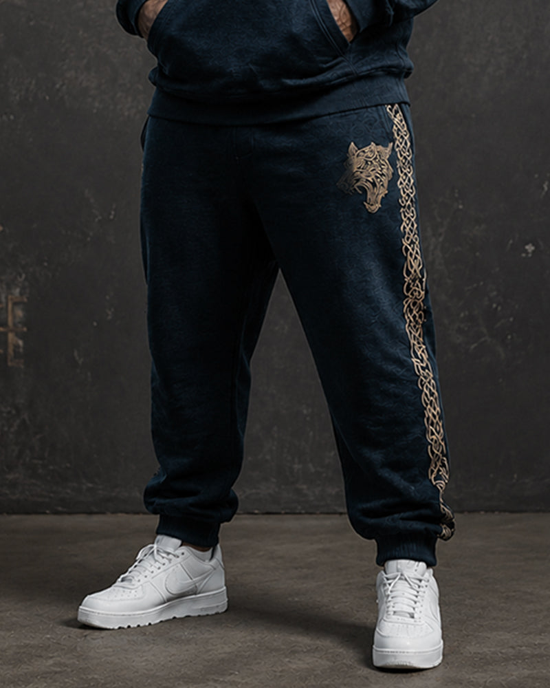 Big & Tall Men's Wolf Head Viking Rune Print Half Zip Sweat Set