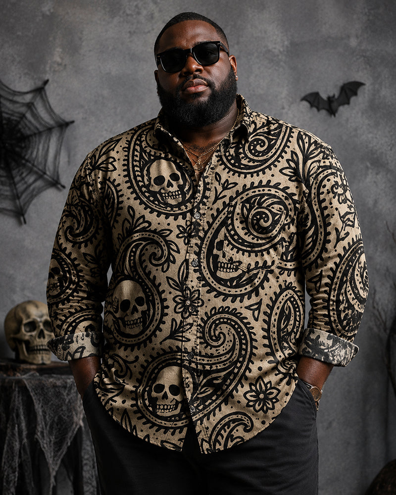 Big & Tall Men's Halloween Cashew Flower Skull Print Long Sleeve Shirt