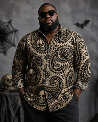 Big & Tall Men's Halloween Cashew Flower Skull Print Long Sleeve Shirt