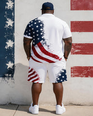 Big & Tall Men's Splash Ink Flag Cross Printed POLO Short Sleeve Shorts Set