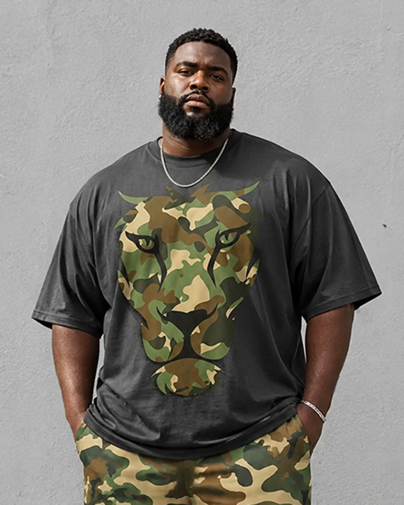 Big & Tall Men's Camouflage Leopard Head Print Round Neck Short Sleeve T-Shirt Shorts Set