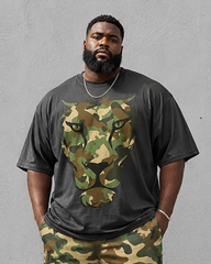 Big & Tall Men's Camouflage Leopard Head Print Round Neck Short Sleeve T-Shirt Shorts Set