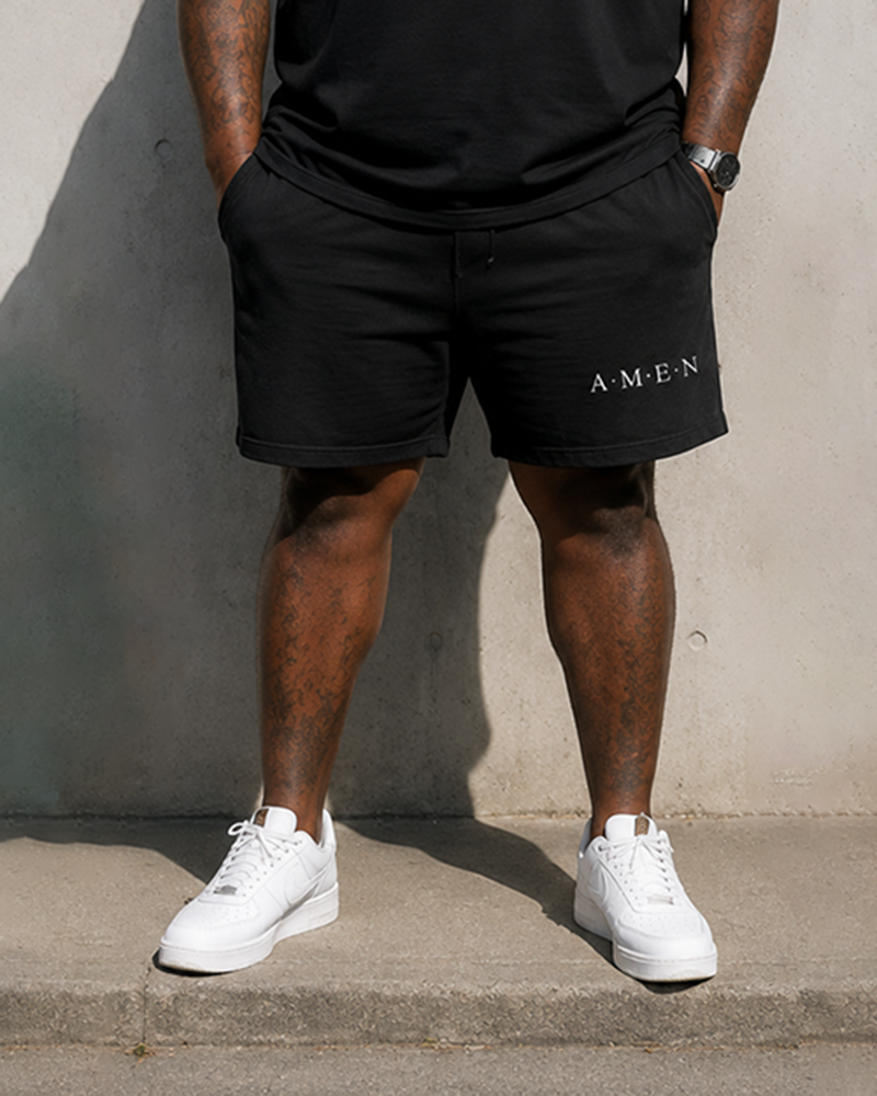 Big & Tall Men's Faith AMEN Vertical Line Cross Simple Printed Crewneck Short Sleeve T-Shirt Shorts Set