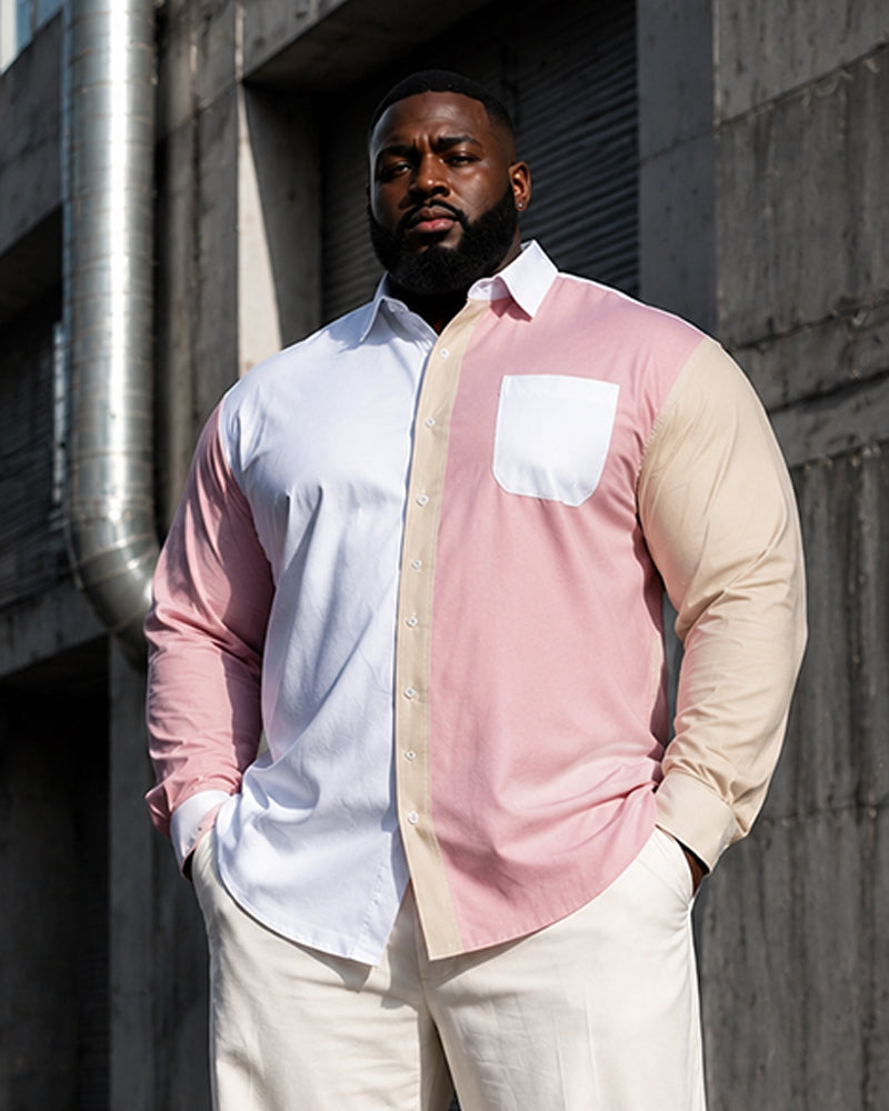 Big & Tall Men's Pink And White Apricot Color Matching Printed Long Sleeve Shirt Trousers Set