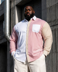 Big & Tall Men's Pink And White Apricot Color Matching Printed Long Sleeve Shirt Trousers Set