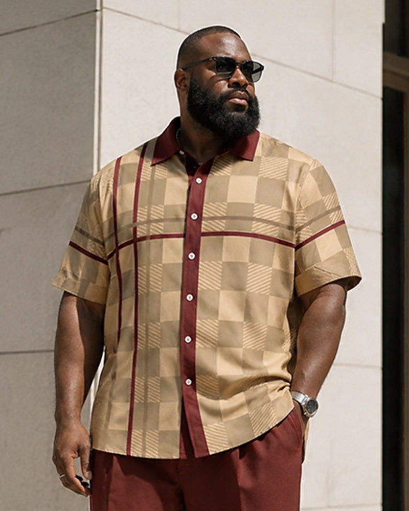 Big & Tall Men's Contrast Checkerboard Dark Print Short Sleeve Shirt Pants Set