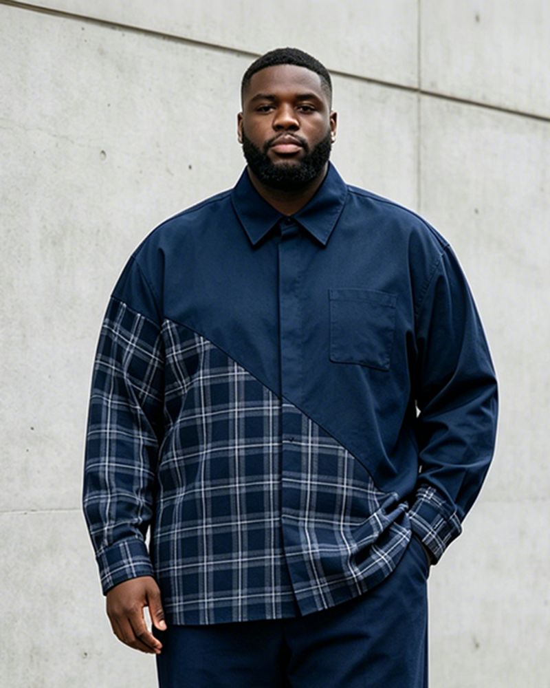 Big & Tall Men’s Navy Blue Diagonal Plaid Patchwork Printed Long-Sleeve Shirt And Pants Set