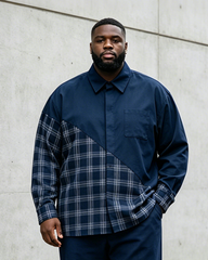 Big & Tall Men’s Navy Blue Diagonal Plaid Patchwork Printed Long-Sleeve Shirt And Pants Set