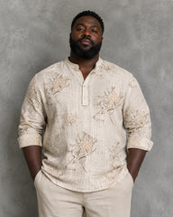 Big & Tall Men's Elk Maple Leaf Hand-painted Line Printed Stand Collar Long Sleeve Shirt