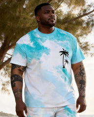 Big & Tall Men's Blue And White Spotted Coconut Tree Printed Round Neck Short Sleeve T-Shirt Shorts Set