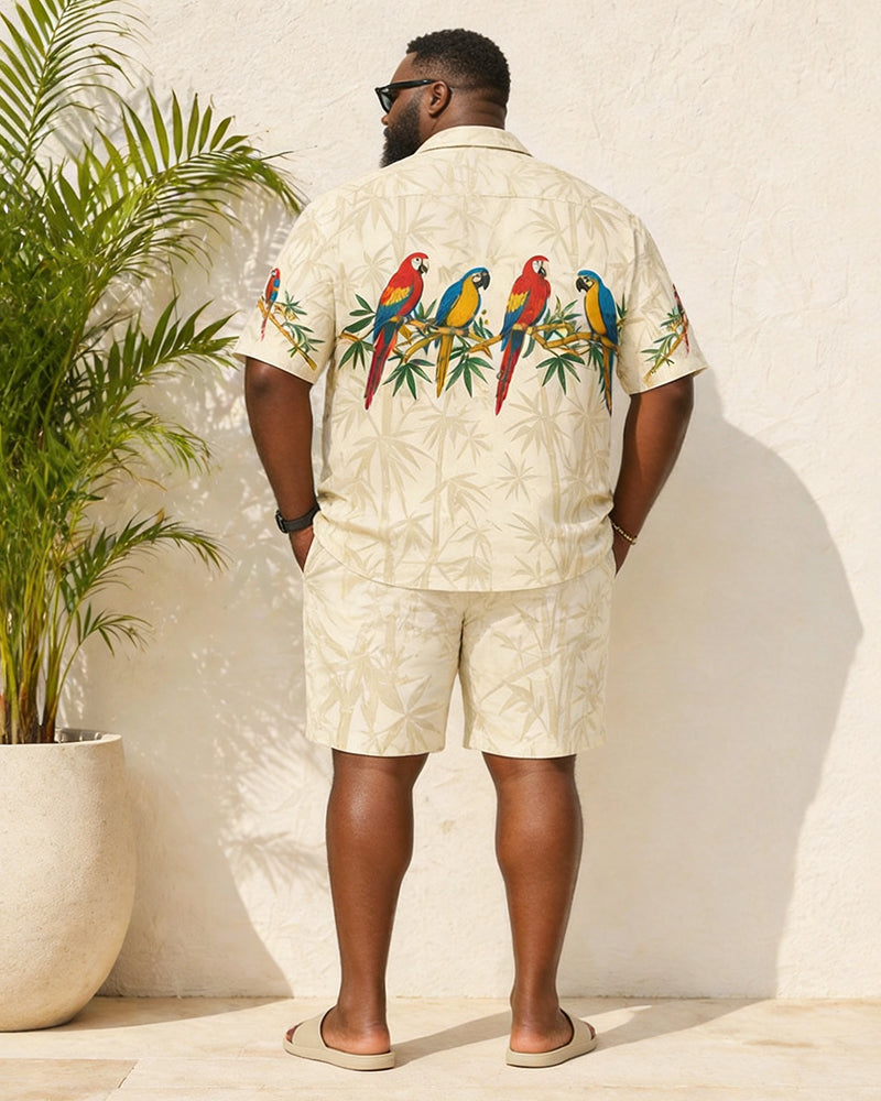 Big & Tall Men's Retro Parrot And Bamboo Print Short-Sleeve Shirt And Shorts Set