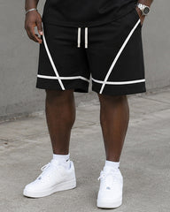 Big & Tall Men's Black And White Line Crown Print Round Neck Short Sleeve T-shirt Shorts Set