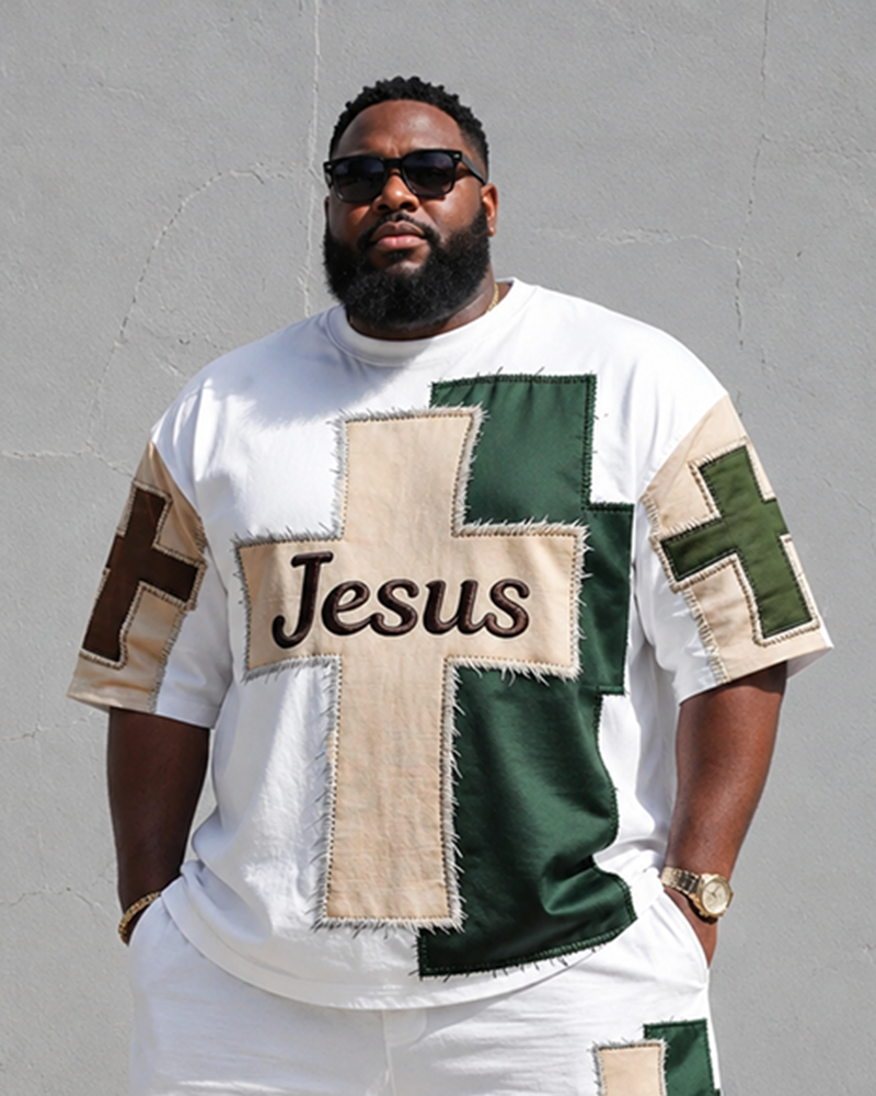 Big & Tall Men's JESUS Cross Patchwork Printed Round Neck Short Sleeve T-Shirt Shorts Set