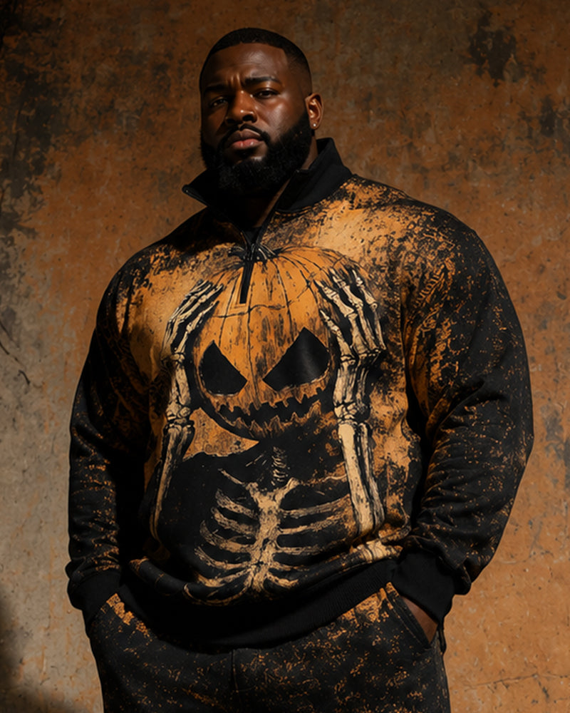 Big & Tall Men's Skull Pumpkin Print Half-Zip Sweat Set