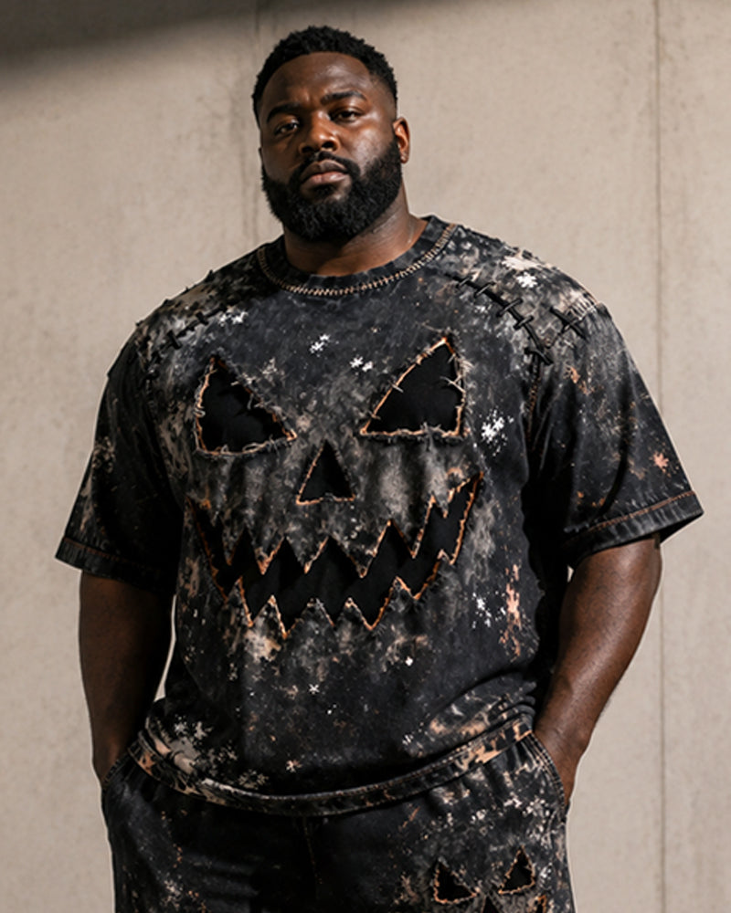 Big & Tall Men's Halloween Hole Pumpkin Face Printed T-Shirt Pants Set