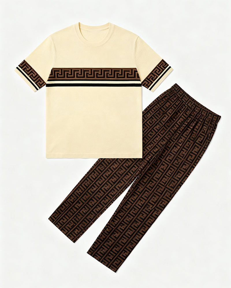 Big & Tall Men's White Brown Stitching Printed T-shirt Trousers Suit