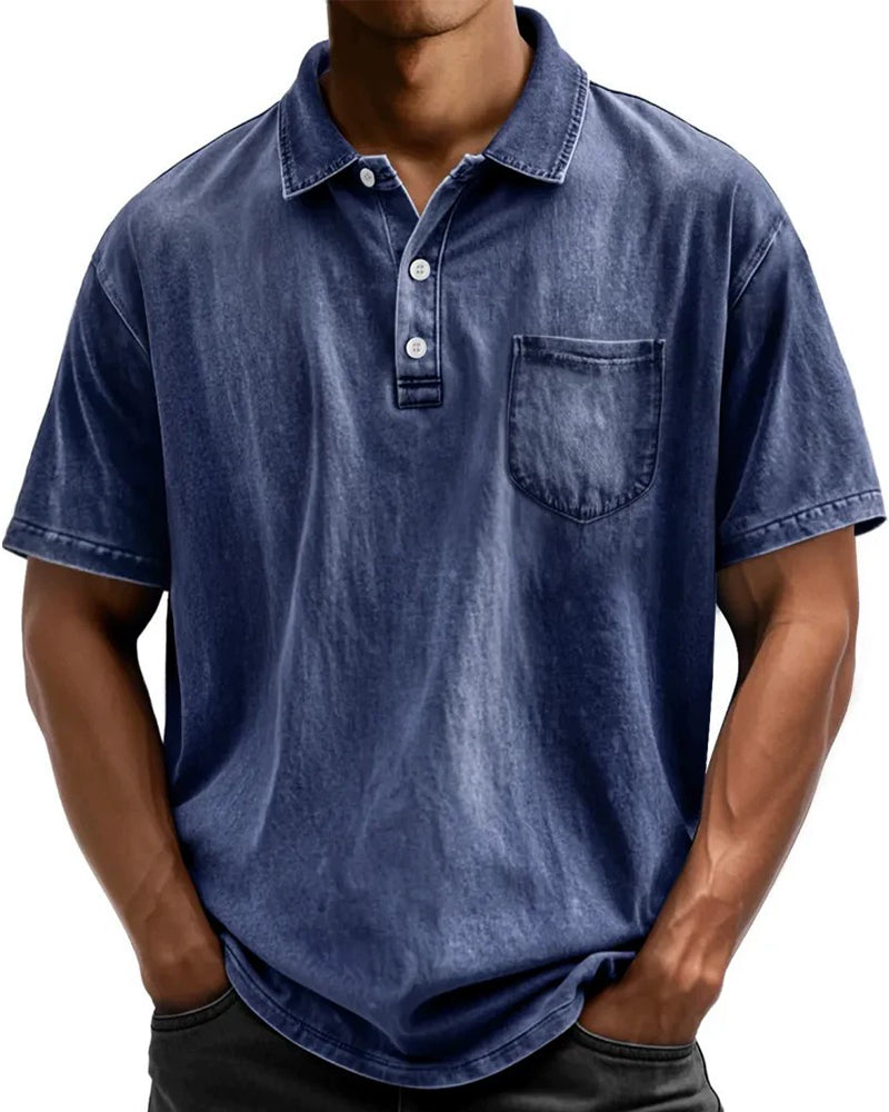 S-5XL Washed Cotton Casual All-Match Short-Sleeve Button-down Polo Shirt With Lapel Collar