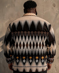 Big & Tall Men's Brown And Yellow African Tribal Geometric Print Long Sleeve Shirt