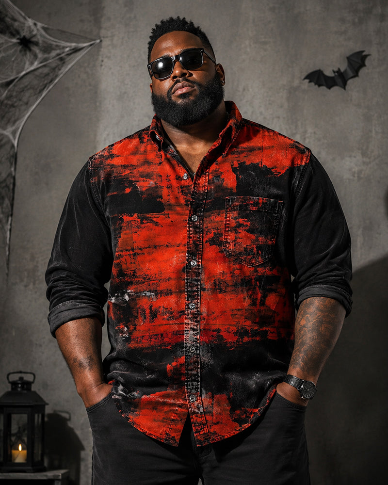 Big & Tall Men’s Halloween Red And Black Graffiti Color-Block Printed Long-Sleeve Shirt