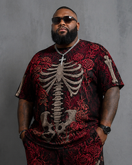 Big & Tall Men's Red Rose Skull Skeleton Vintage Printed T-Shirt Pants Set