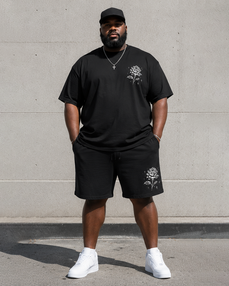 Big & Tall Men's Black And White Sketch Rose Cross Front And Back Printed Round Neck Short Sleeve T-Shirt Shorts Set