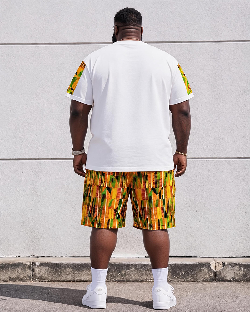Big & Tall Men's Ethnic Pattern Stitching JESUS Cross Letter Printed Round Neck Short Sleeve T-Shirt Shorts Set