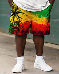 Big & Tall Men's Reggae Color Coconut Tree Print Round Neck Short Sleeve T-Shirt Shorts Set
