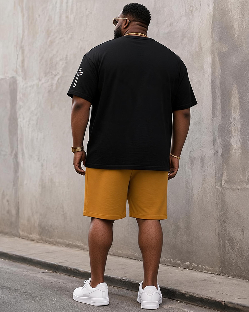 Big & Tall Men's Graffiti Crown Vertical Letter Cross Printed Round Neck Short Sleeve T-Shirt Shorts Set