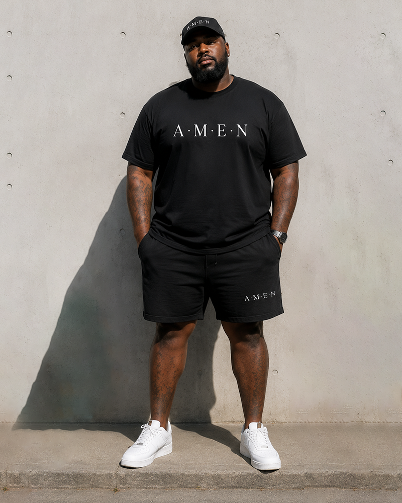 Big & Tall Men's Faith AMEN Vertical Line Cross Simple Printed Crewneck Short Sleeve T-Shirt Shorts Set
