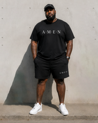 Big & Tall Men's Faith AMEN Vertical Line Cross Simple Printed Crewneck Short Sleeve T-Shirt Shorts Set
