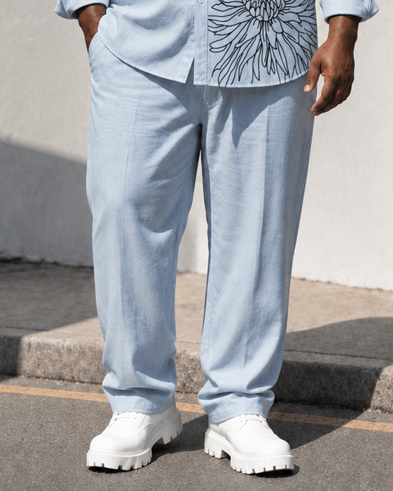 Big & Tall Men's Line Drawing Floral Print Stand Collar Long Sleeve Shirt Trousers Set