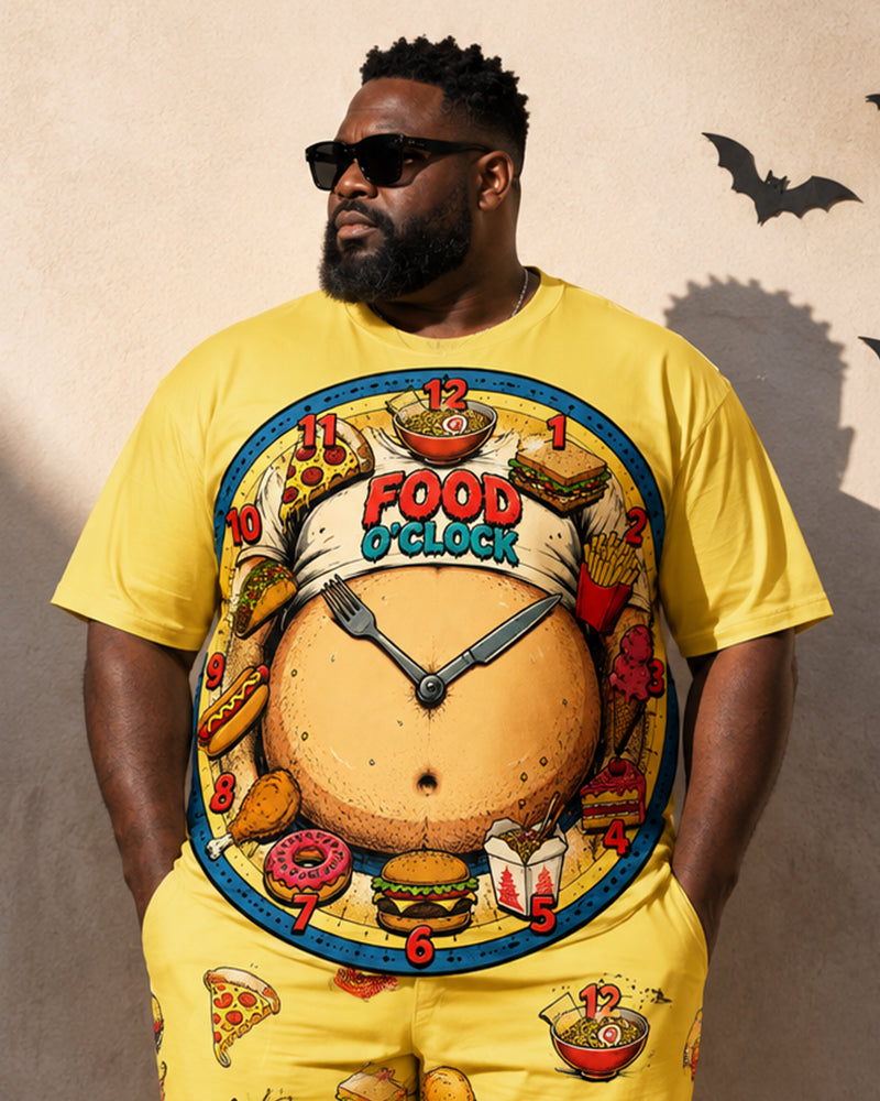 Big & Tall Men's Food Clock Burger Fries Printed T-Shirt Pants Set