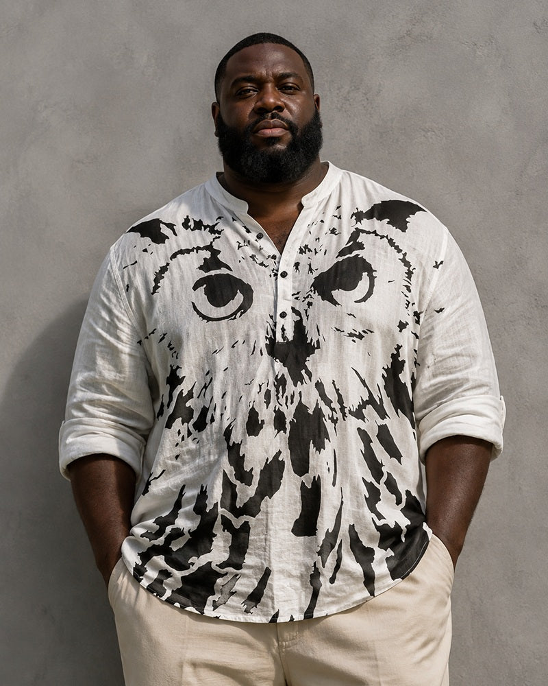 Big & Tall Men's Black And White Owl Art Graffiti Print Lt Collar Long Sleeve Shirt