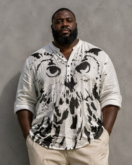 Big & Tall Men's Black And White Owl Art Graffiti Print Lt Collar Long Sleeve Shirt