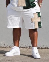 Big & Tall Men's JESUS Cross Patchwork Printed Round Neck Short Sleeve T-Shirt Shorts Set