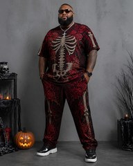 Big & Tall Men's Red Rose Skull Skeleton Vintage Printed T-Shirt Pants Set