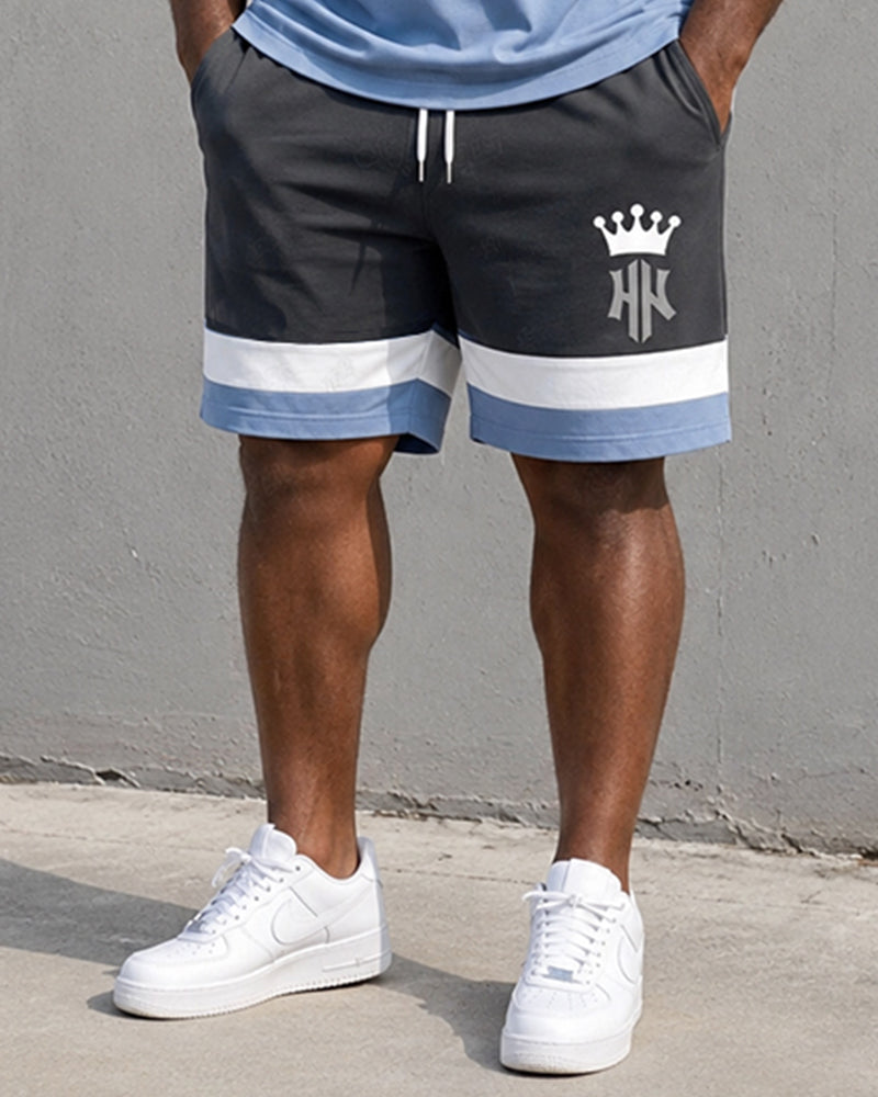 Big & Tall Men's Gray And Blue Stitching Crown Print Round Neck Short Sleeve T-shirt Shorts Set