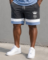 Big & Tall Men's Gray And Blue Stitching Crown Print Round Neck Short Sleeve T-shirt Shorts Set